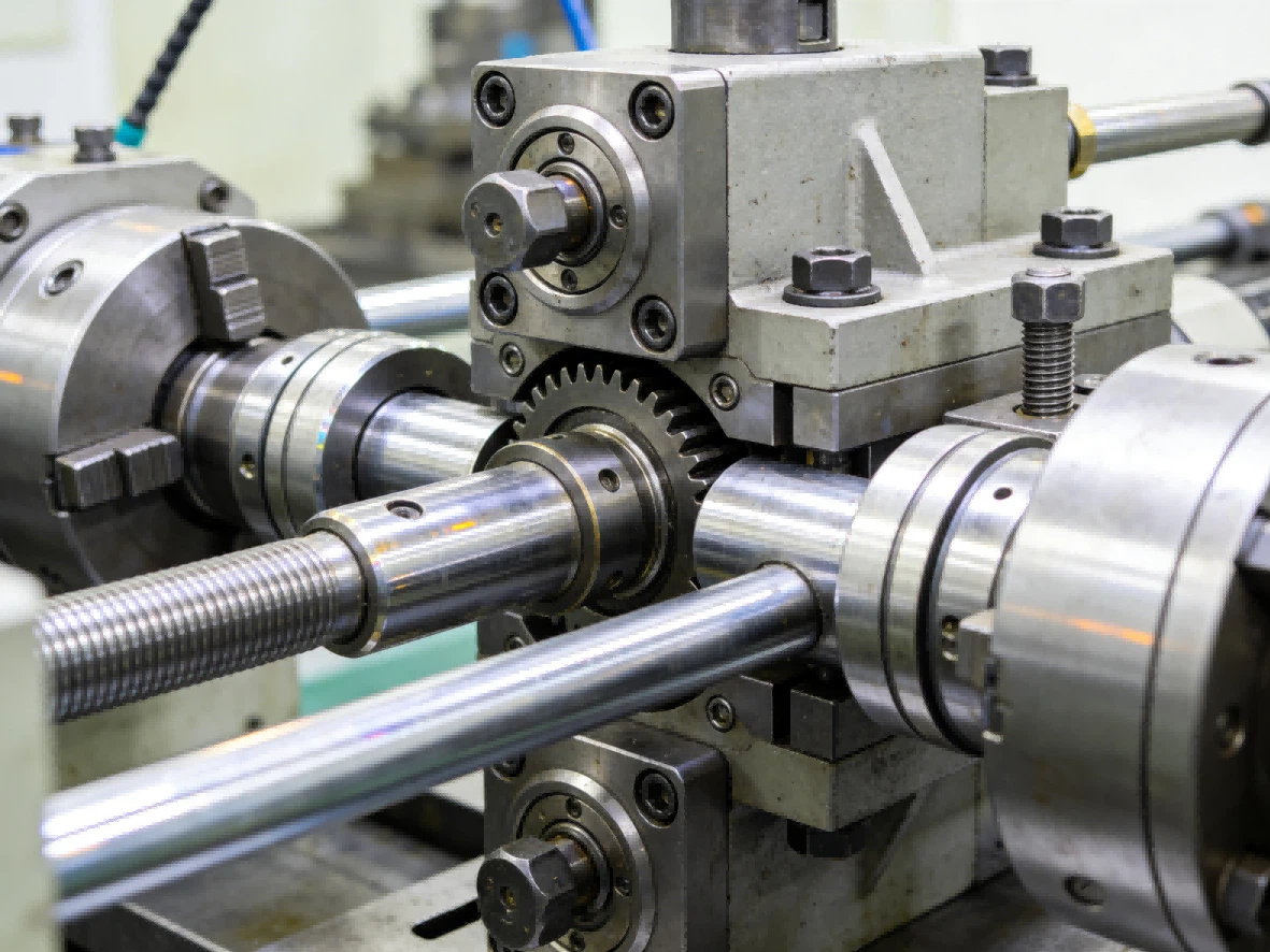 Industrial injection molding machinery close-up showing metal components