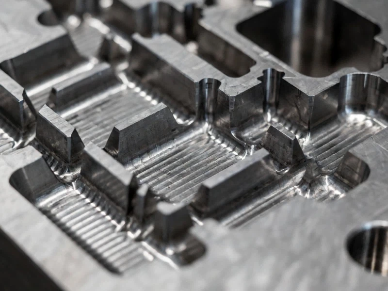 Close up of textured surface micro-undercuts in injection molding steel tool requiring 3 to 5 degrees of draft angle to prevent drag marks on abrasive glass-filled plastics.